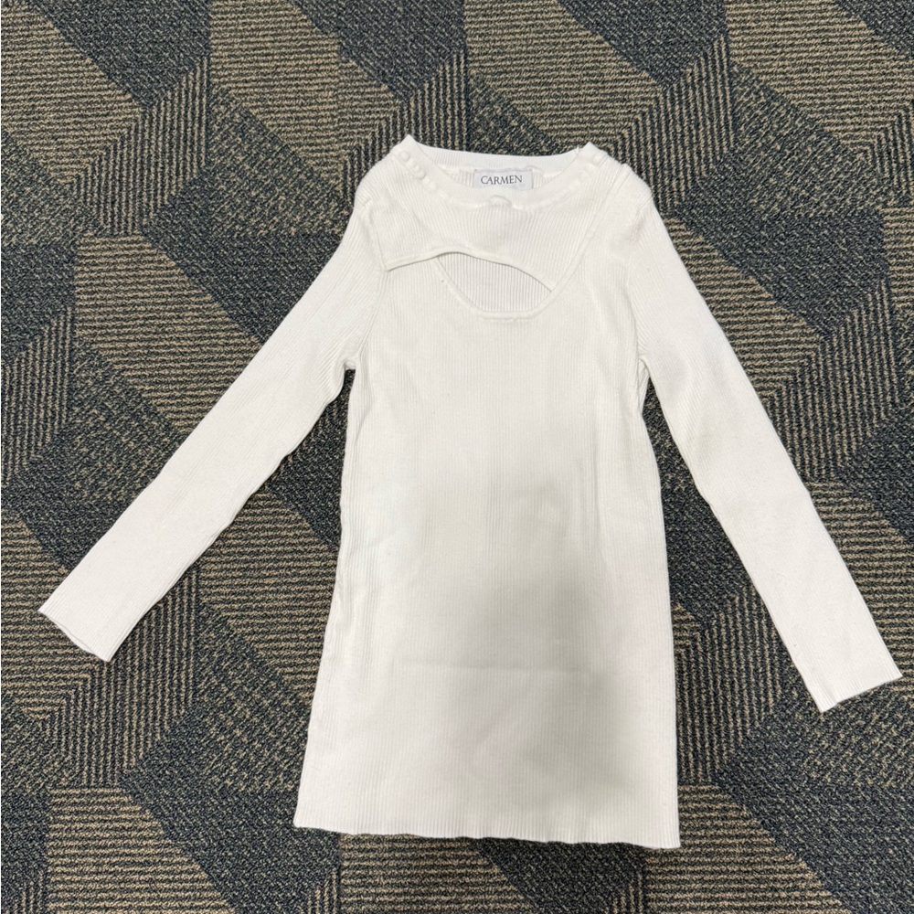 carmen marc valvo white open chest quarter sleeve knit top
